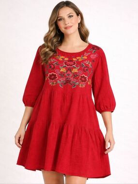 Umgee 100% cotton, red swing dress w/ embroidery, puff sleeve, L